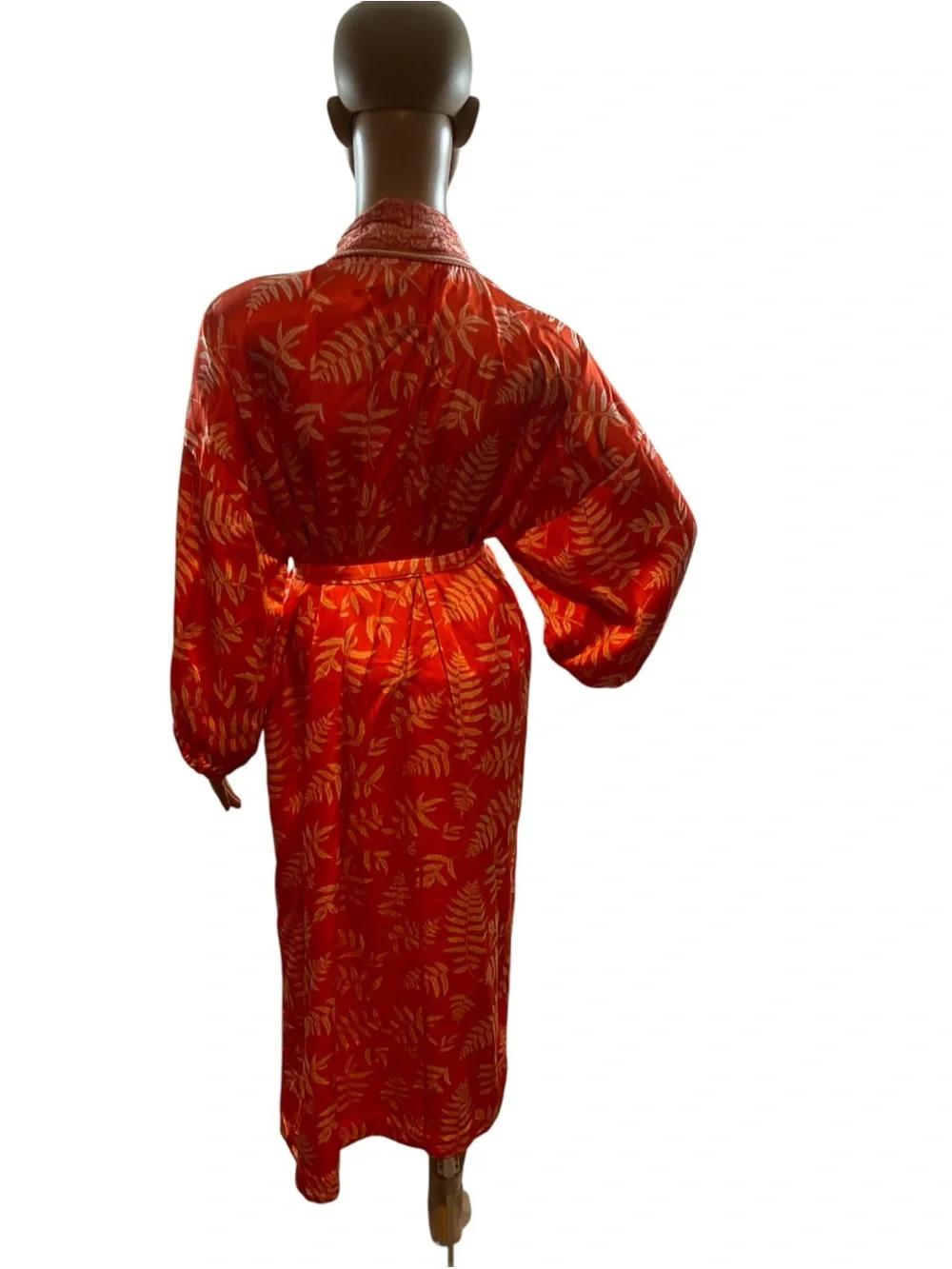 Zara Red Satin Floral-Leaf Kimono Robe with Tie Belt - Picture 5 of 16